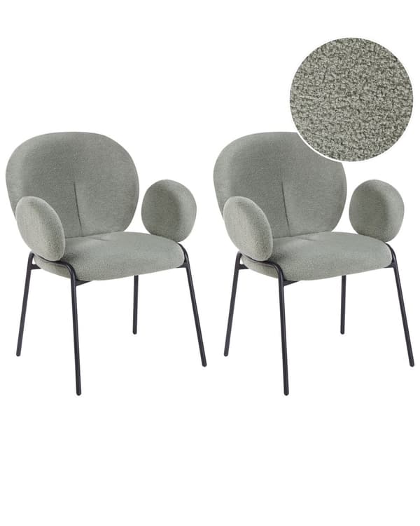 Spisebordsstol Grøn Bouclé Sæt af 2 Spisestuestol med Armlæn Polstrede Køkkenstole Lounge Spisestol Design
