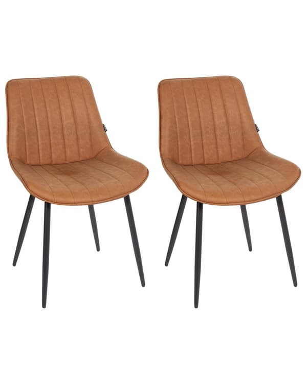 Set om 2 Matstolar Brun Utan Armstöd Konstläder Svarta Stålben Modern Design Matsal Pallar Kök Bar Matsal