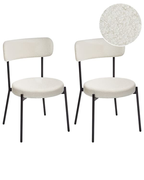 Sett med 2 Spisestuestoler Hvit Boucle Svart Stålben Moderne Design Spisestuestoler