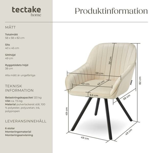 Roterbar stol Snug i sammet, vadderad - creme, Uppsättning om 6