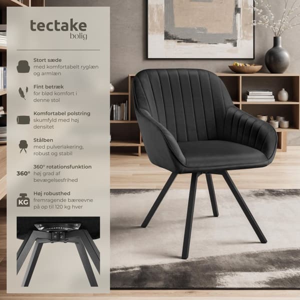 Drejelig velour stol Snug, polstret - sort,pr. stk.