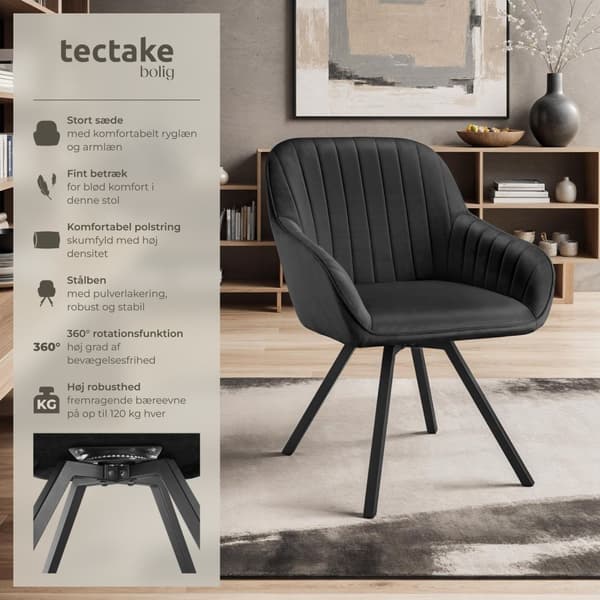 Drejelig velour stol Snug, polstret - sort,Sæt med 6 stk.