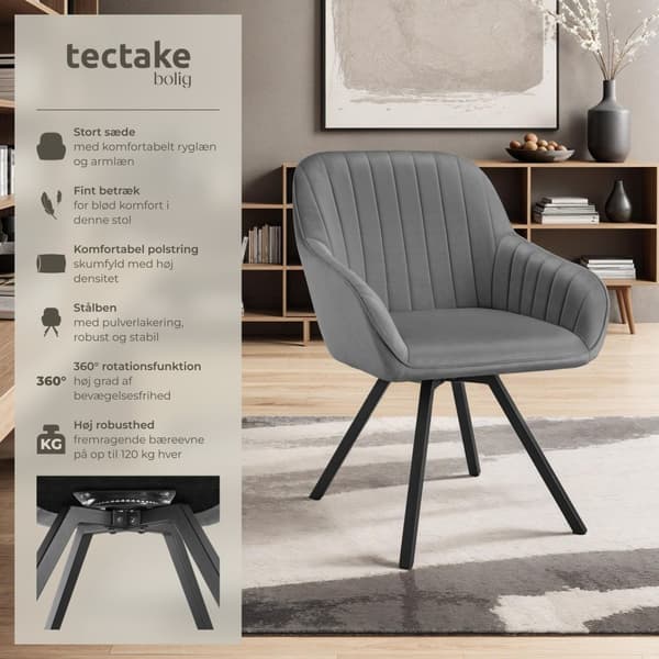 Drejelig velour stol Snug, polstret - grå,Sæt med 6 stk.