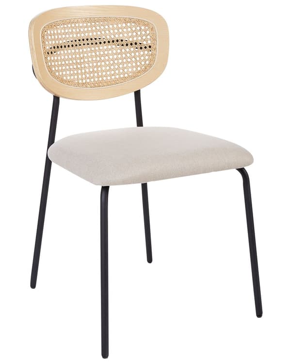 Sett med 2 Spisestoler Lys Beige Polyestertrekk Naturrotting Wienerflette Ryggstøtte Svarte Metallben Armløse Krakker