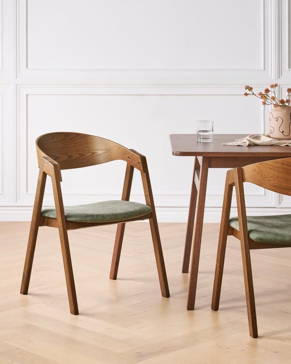 Sett med 2 spisestoler Mørkt tre Grønn Kryssfiner Gummitre Polyester Armlener Rundt formet ryggstøtte Retro og moderne stil Spisestue Kjøkken