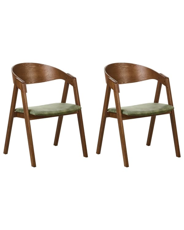 Sett med 2 spisestoler Mørkt tre Grønn Kryssfiner Gummitre Polyester Armlener Rundt formet ryggstøtte Retro og moderne stil Spisestue Kjøkken