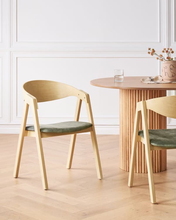 Matstolar 2 st Ljust Trä och Grön Plywood Polyester Sammetstyg Gummiträ Ben Retro Traditionell Stil