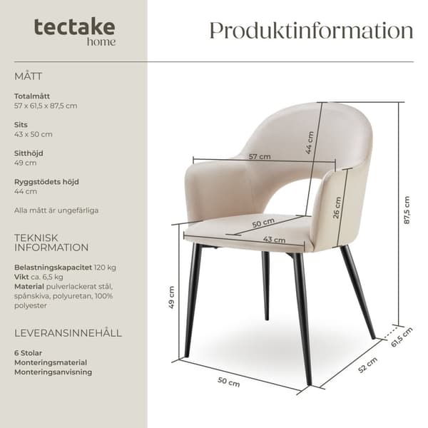 Sachel fåtölj, sammetslook, klädd, 120 kg - creme, Uppsättning om 6