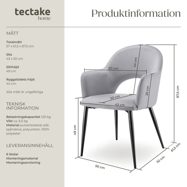 Sachel fåtölj, sammetslook, klädd, 120 kg - ljusgrå, Uppsättning om 6