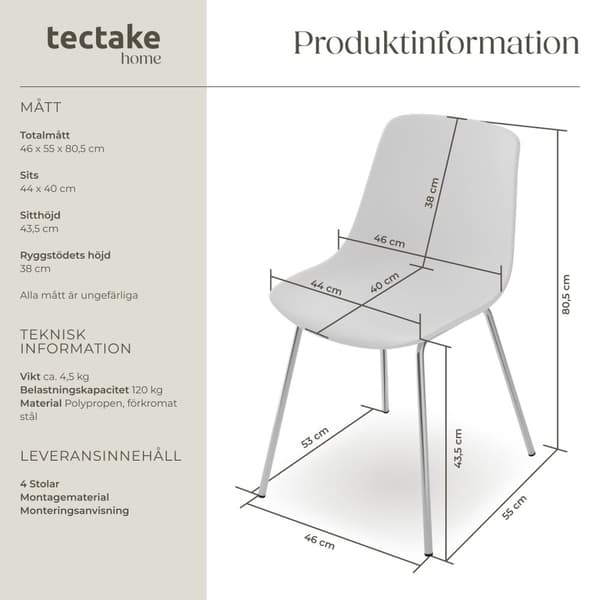 Plaststolar Mave, ergonomisk, 120 kg - vit/krom, Uppsättning om 4