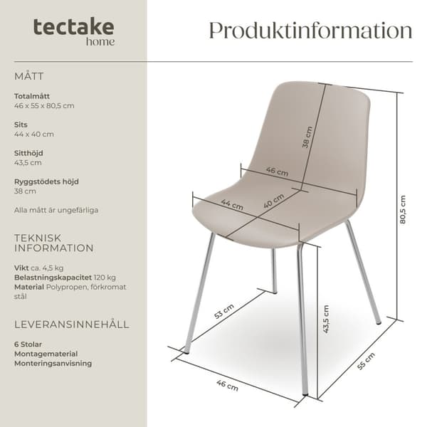 Plaststolar Mave, ergonomisk, 120 kg - taupe/krom, Uppsättning om 6