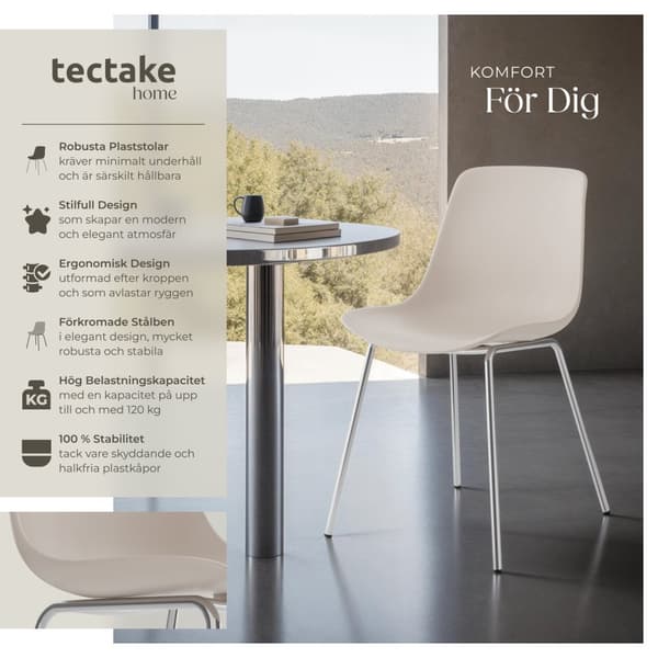 Plaststolar Mave, ergonomisk, 120 kg - taupe/krom, Uppsättning om 6