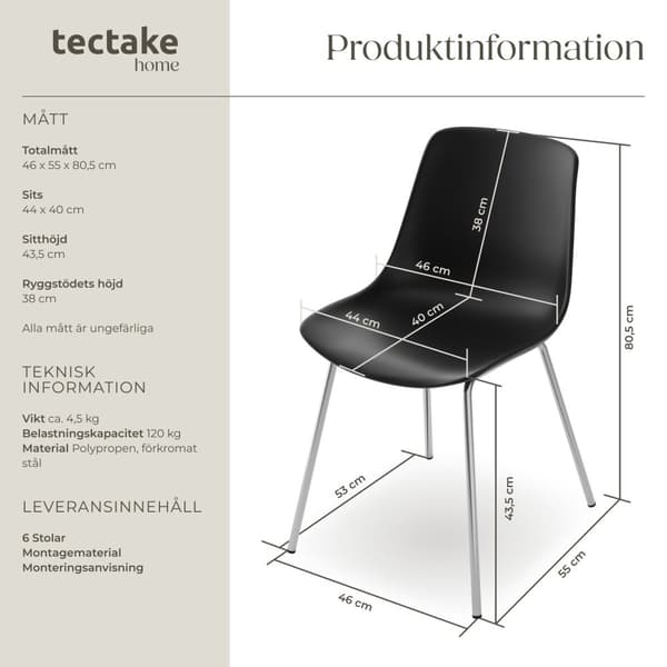 Plaststolar Mave, ergonomisk, 120 kg - svart/krom, Uppsättning om 6