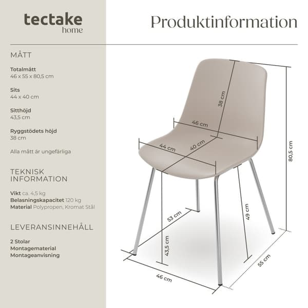 Plaststolar Mave, ergonomisk, 120 kg - taupe/krom, Uppsättning av 2