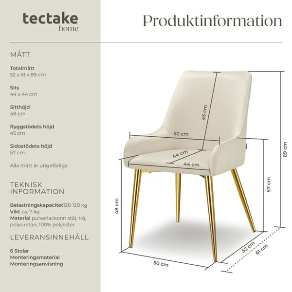 Stoppad stol Avane, i sammet - beige, Uppsättning om 6