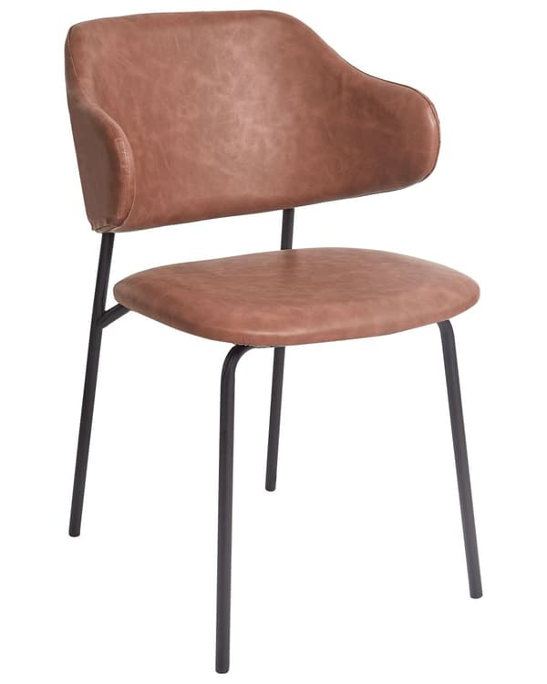 Matstolar 2 st Brun Klädsel Konstläder Svarta Metallben Utan Armstöd Böjda Ryggstöd Modern Samtida Design