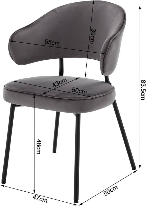 Rootz spisestuestol - Køkkenstol - Fløjlssæde - Metalstel - 54cm x 83,5cm 52cm - Ergonomisk ryglæn - Stilfulde armlæn - 120 kg Kapacitet