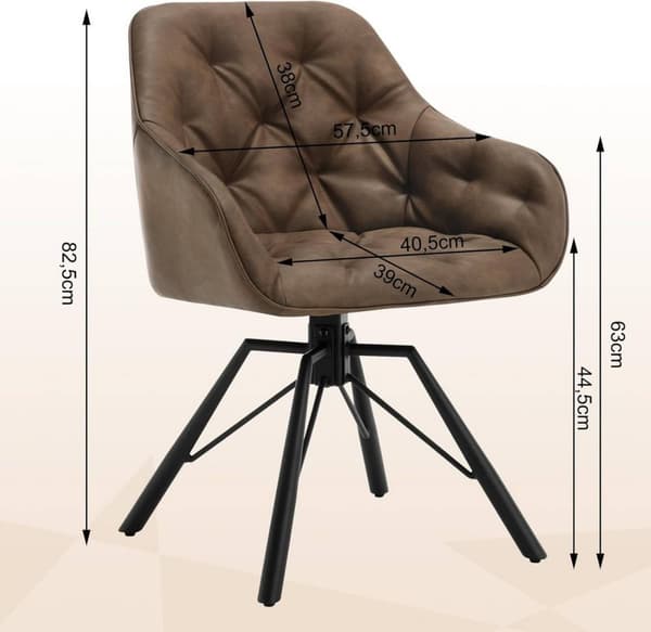 Rootz Matstol - Vridbar Fåtölj - Köksstol - Imiterat läder - 57,5 ​​cm x 82,5 cm x 53 cm - Brun & Ljusbrun