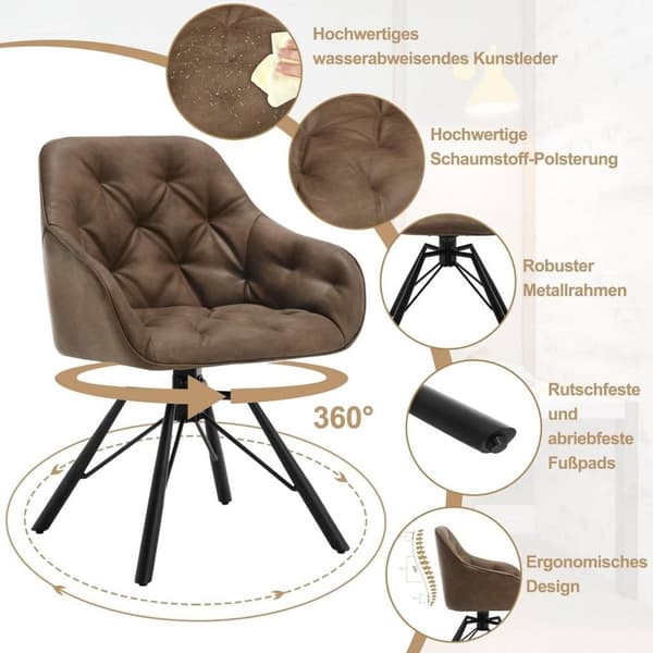 Rootz Matstol - Vridbar Fåtölj - Köksstol - Imiterat läder - 57,5 ​​cm x 82,5 cm x 53 cm - Brun & Ljusbrun