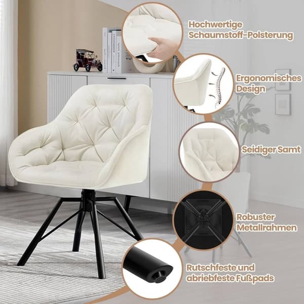 Rootz Matstol - Snurrstol - Köksstol - Ergonomisk design - 57,5 ​​cm x 82,5 cm x 53 cm - Sammet, Skum, Metall - Kräm, Grön, Grå, Svart, Turkos
