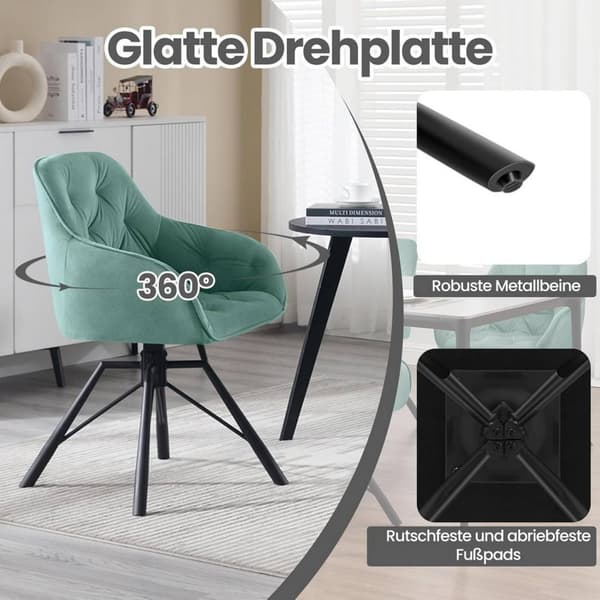 Rootz spisestuestol - Drejelig køkkenstol - Fløjlspolstret stol - Stabile metalben - Ergonomisk design - 57,5 ​​cm x 82,5 cm x 53 cm