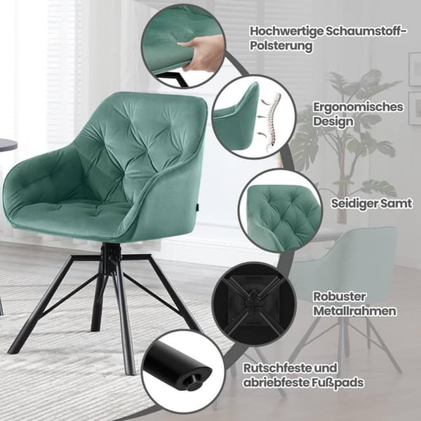 Rootz spisestuestol - Drejelig køkkenstol - Fløjlspolstret stol - Stabile metalben - Ergonomisk design - 57,5 ​​cm x 82,5 cm x 53 cm