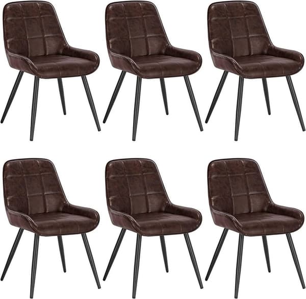 Rootz-ruokailutuolisarja 6 kpl - Pehmustettu keittiön tuoli - Keinonahkatuolit - Kaareva selkänoja - Metallijalat - Ergonominen muotoilu - 38 cm x 43