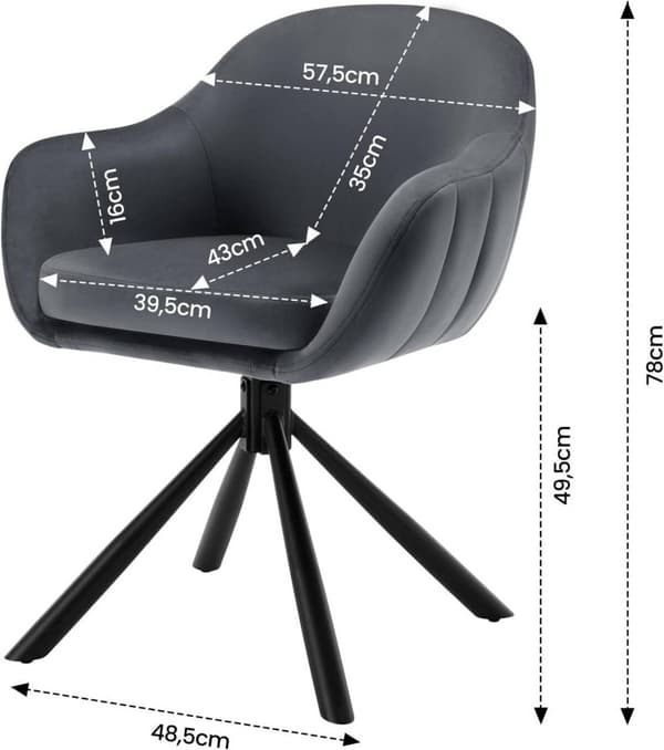 Rootz Drejelige spisestuestole - Fløjlslænestol - Rullefrit design - Blød skumpolstring - 57cm x 79cm x 62cm. Sæt med 2 - Mørkegrå & Beige