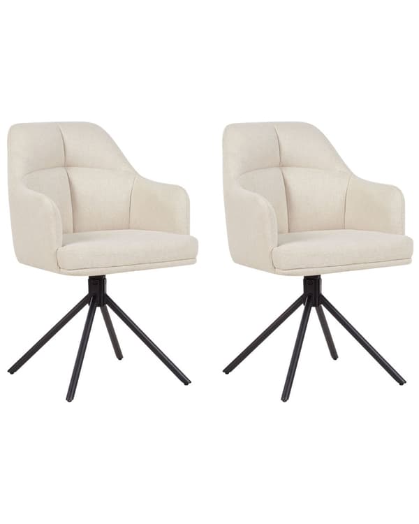 Sæt med 2 beige polstrede drejestole med sorte metalben lænestole til spisestue og stue i retrostil