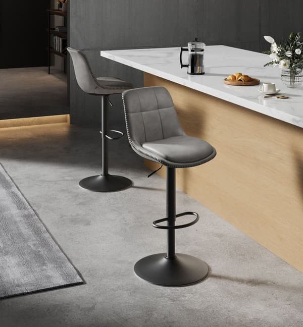 Rootz 2-delat set Barpall - Mothöjdsstolar - Fotstöd - Dove Grey - PU - Förkromat stål - Skumstoppning - 44cm x 48cm x (90-112cm)