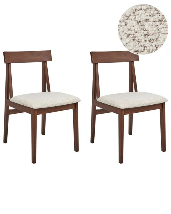 Spisebordsstol Træ Beige Boucle Sæt af 2 Spisestole Klassiske Spisestuestol Polstret Sæde Retro Design Træstole til Spisebord