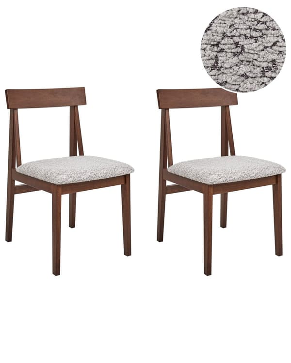 Set med 2 Matstolar Ram i Mörkt Gummiträ Sits i Grå Bouclé Armlös Retro Design Kök Matrum