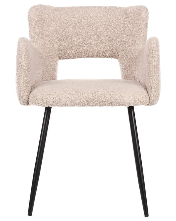 Sett med 2 Stoler Spisestuestol Beige Teddy Boucle med Armlener Utskåret Rygg Svart Metallben