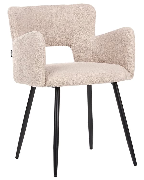 Sett med 2 Stoler Spisestuestol Beige Teddy Boucle med Armlener Utskåret Rygg Svart Metallben