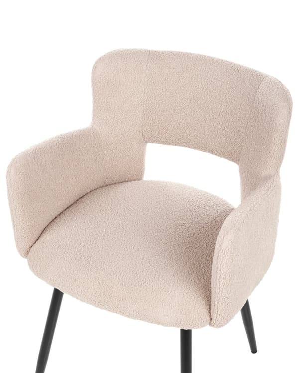 Sett med 2 Stoler Spisestuestol Beige Teddy Boucle med Armlener Utskåret Rygg Svart Metallben