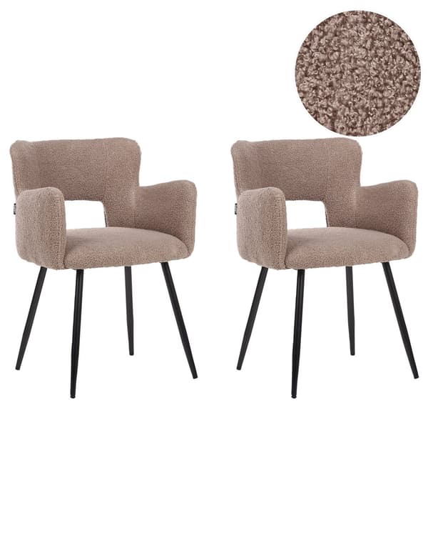 Sett med 2 Stoler Spisestuestol Brun Teddy Boucle med Armlener Utskåret Rygg Svart Metallben
