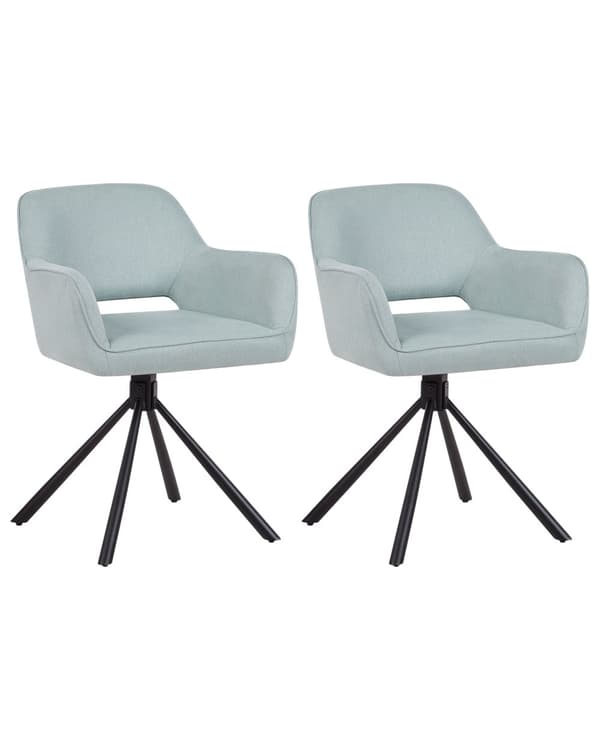 Set med 2 Svängbara Matstolar Mintgrön Tyg med Armstöd Ryggstöd Svarta Metallben Retro Vintage Design