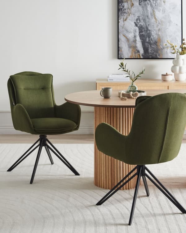 Spisebordsstole Grøn Polyester Sæt af 2 Stof Polstrede Spisestue Stole med Drejefunktion Spisestole med Armlæn Behagelige Design