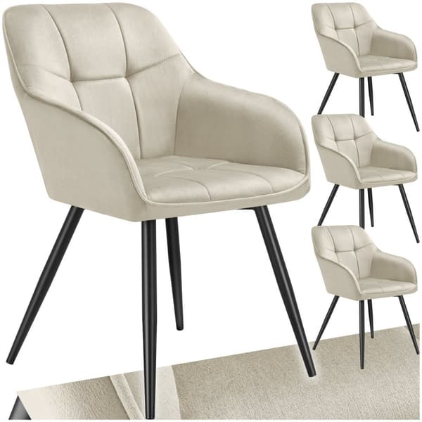 Stol Marilyn, velour, quiltet - creme/sort,Sæt med 4 stk.