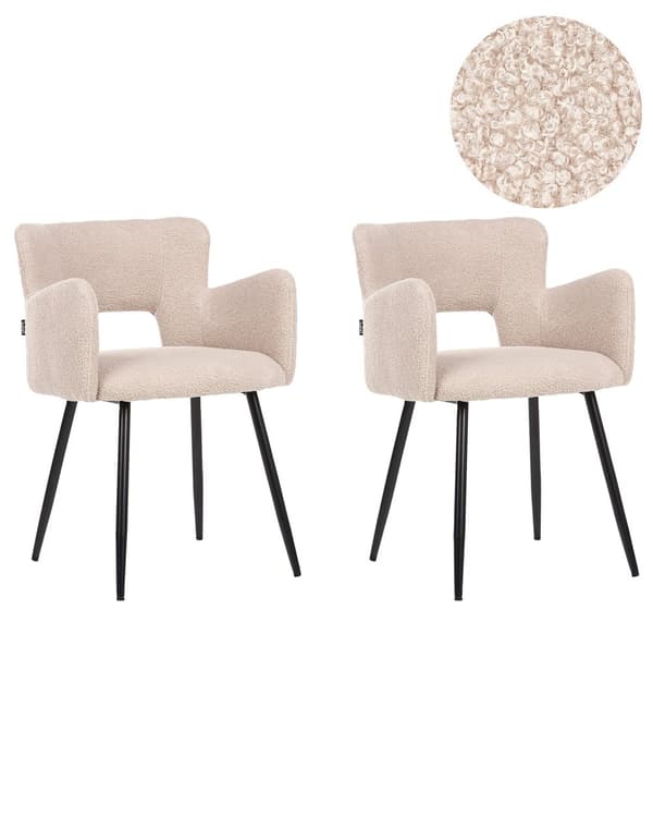 Matstolar 2 st Beige Boucle med Armstöd Utskuret Ryggstöd Svarta Metallben