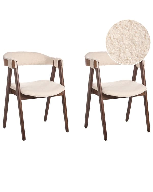 Sett med 2 Spisestoler i Mørkt Tre og Beige Polyester Boucle Stoff Ben i Gummitre Retro Tradisjonell Stil