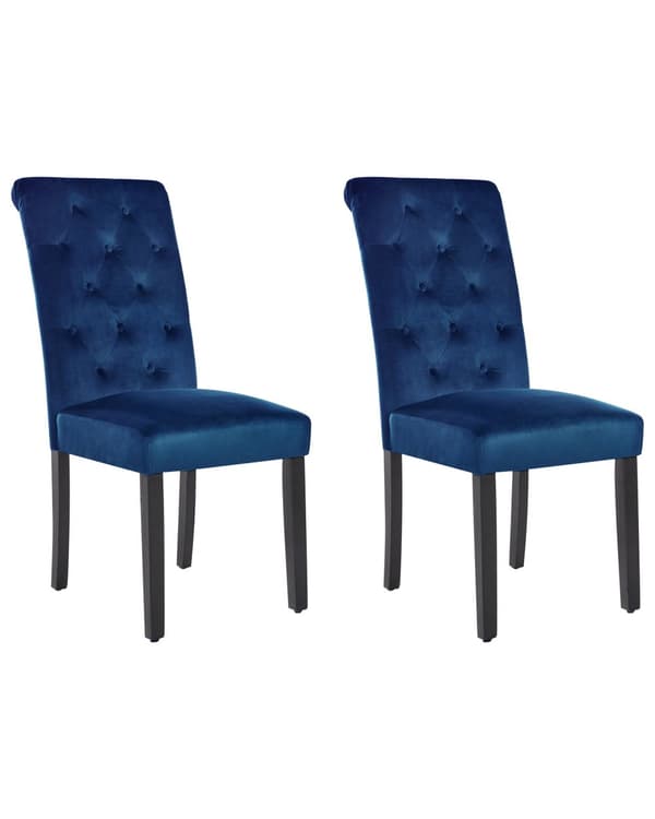 Matstolar 2-pack Blå Sammetstyg Gummiträ Svarta Ben Knapptuft Matrum Elegant