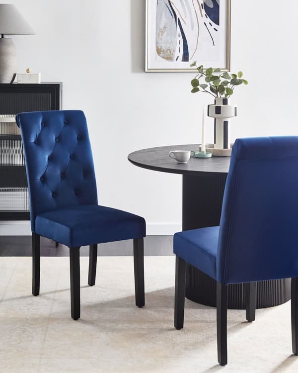Spisebordsstol Blå Velour Sæt af 2 Polstrede Spisestole uden Armlæn til Spisestue Køkken Stofstole Knap Tuftet Indretning Retro