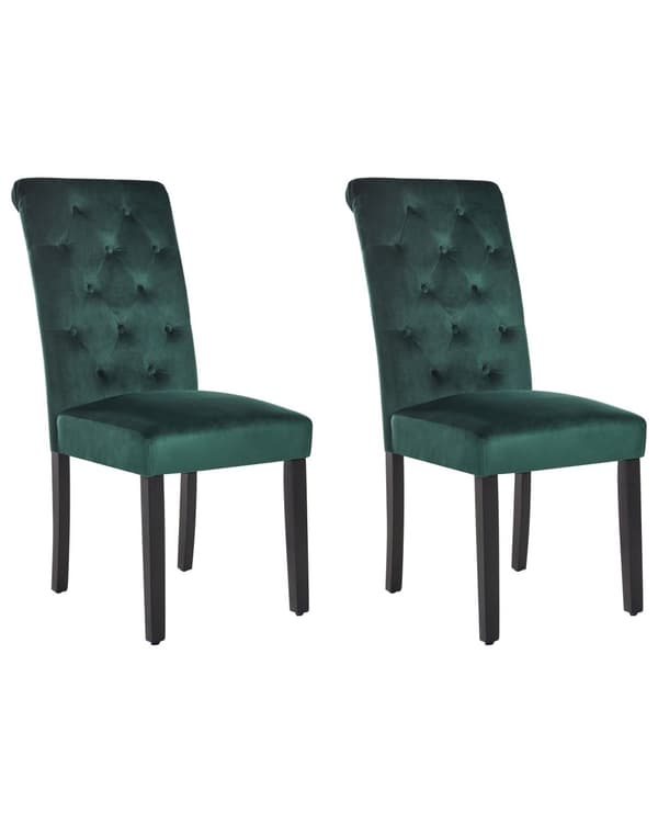 Spisebordsstol Grøn Velour Sæt af 2 Polstrede Spisestole uden Armlæn til Spisestue Køkken Stofstole Knap Tuftet Indretning Retro