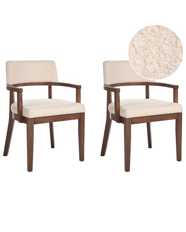 Sett med 2 Spisestoler i Mørkt Tre og Beige Polyester Boucle Stoff Ben i Gummitre Retro Tradisjonell Stil