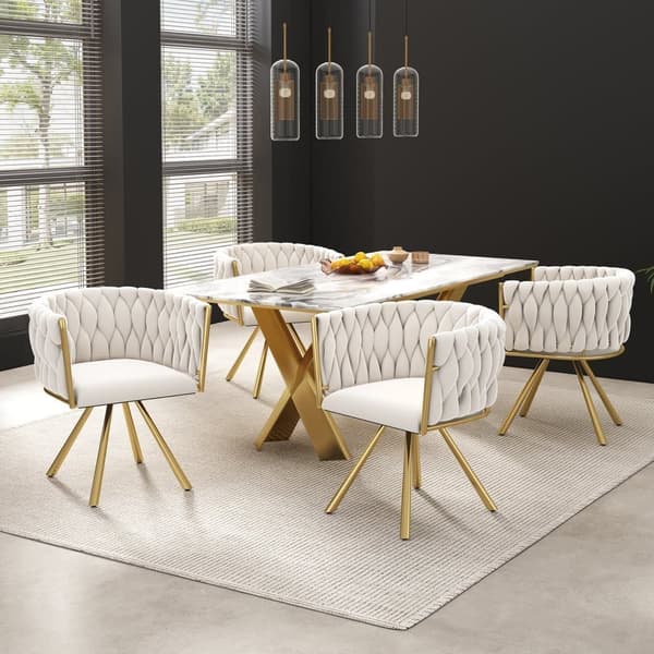Sæt med 6 fløjl drejestole med armlæn - gyldne metalben - beige