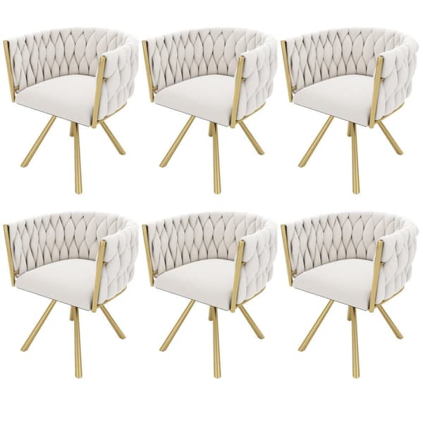 Sæt med 6 fløjl drejestole med armlæn - gyldne metalben - beige