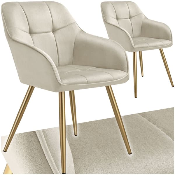 Stol Marilyn, velour, quiltet - creme/guld,Sæt med 2 stk.
