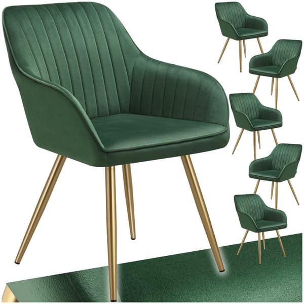 Stol Marilyn, velour, quiltet - mørkegrøn/guld,Sæt med 6 stk.