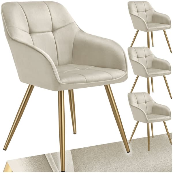 Stol Marilyn, velour, quiltet - creme/guld,Sæt med 4 stk.